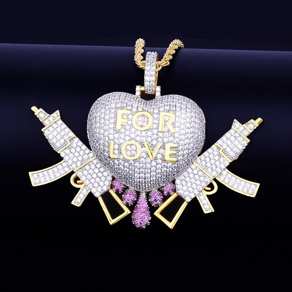 24k Gold .925 Silver Love Worth Dying For AAA Micro Pave Heart Drip Semi Automatic Hip Hop Pendant