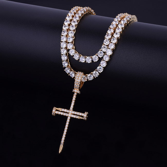 Jesus Nail 14k Gold Silver Micro Pave Cross Pendant With 4mm Tennis Chain Necklace