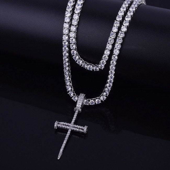 Jesus Nail 14k Gold Silver Micro Pave Cross Pendant With 4mm Tennis Chain Necklace