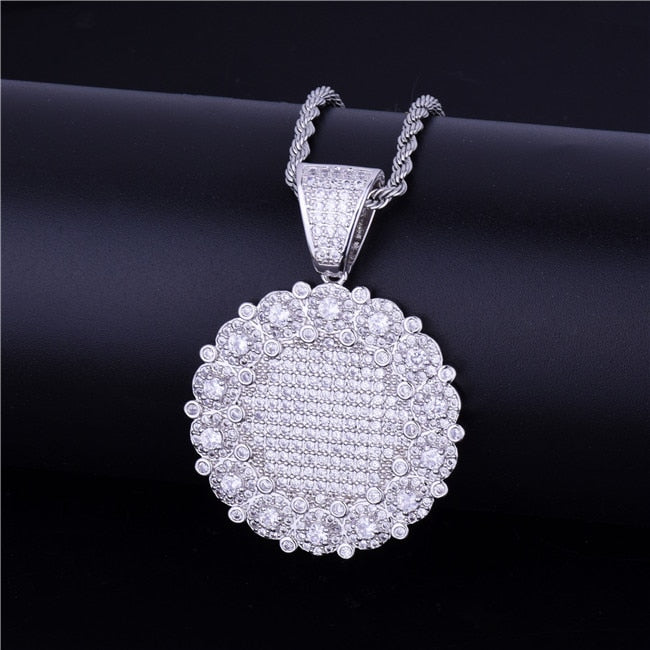 Round Cluster 18k Gold .925 Silver Medallion Pendant AAA Micro Pave Chain Necklace