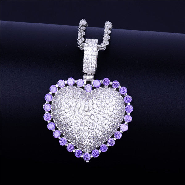 Ladies Rainbow Simulate Diamond Micro Pave Heart Pendant Chain Necklace