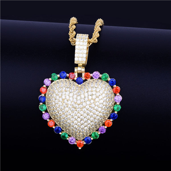 Ladies Rainbow Simulate Diamond Micro Pave Heart Pendant Chain Necklace