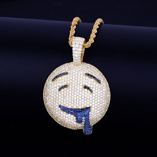 18k Gold .925 Silver Micro Pave Drool Over You Flooded Ice Emoji Pendant Chain Necklace