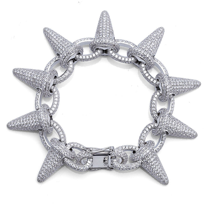 Mens AAA Flooded Ice Micro Pave Stone 24k Gold Silver Rivet Spike Bracelet