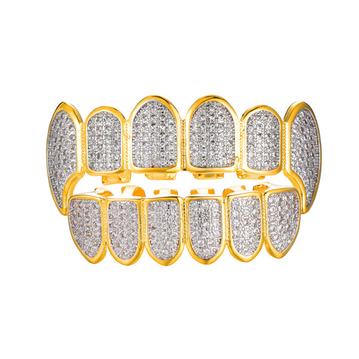 Original Ice Fang | Flooded Ice Gold Silver Micro Pave Teeth Grillz Top Bottom Set
