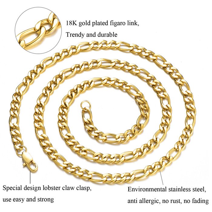 Gold Silver 4mm 6mm 316L Stainless Steel Figaro Link Hip Hop Chain Link Necklace