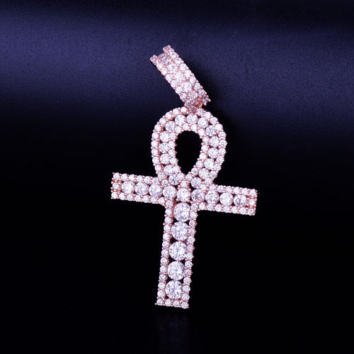 18k Rose Gold .925 Silver Key Of Life Ancient African Egyptian AAA Micro Pave Ankh Cross Pendant