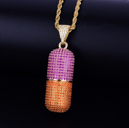 Micro Pave Iced Detachable Pill Shape Hip Hop Pendant Chain Necklace