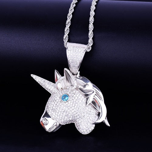AAA True Micro Pave Flooded Ice Unicorn Horse Head 18k Gold .925 Silver Pendant Chain Necklace