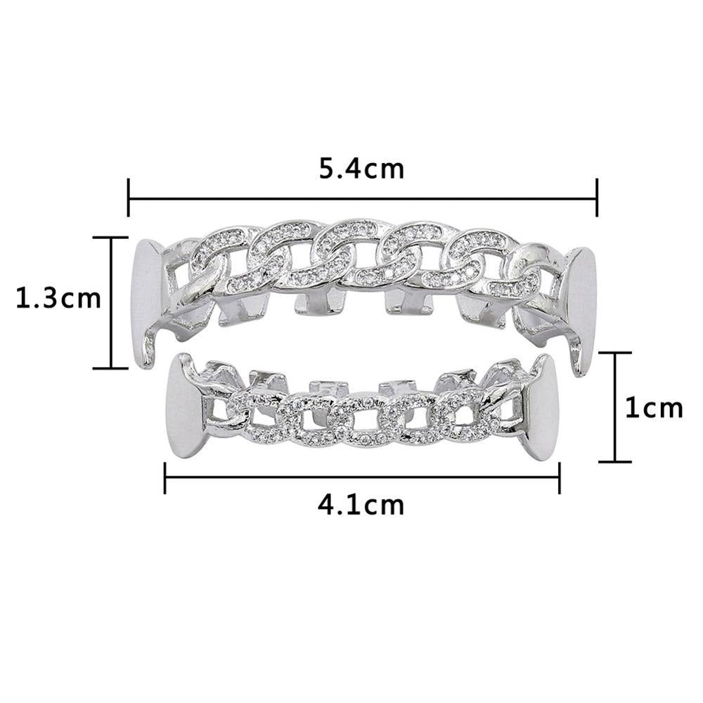 Blinged Out Micro Pave Iced Hip Hop Cuban Link Fang Top Bottom Teeth Grillz Set