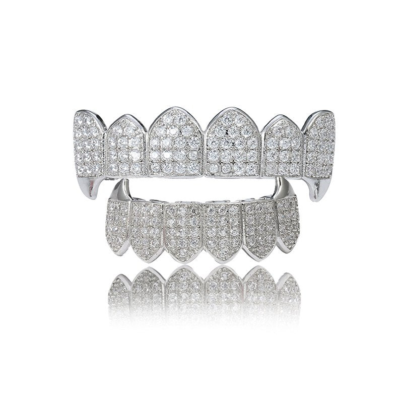 Hip Hop Micro Pave Clustered Stone Iced Out Fang Teeth Grillz Top Bottom Set