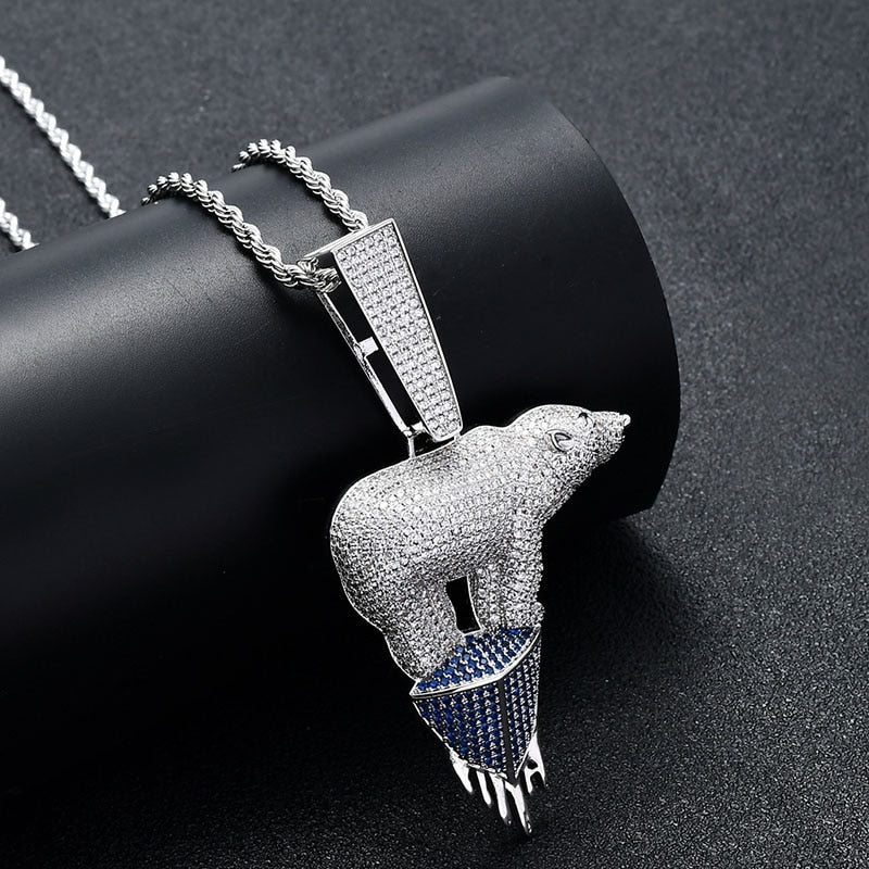 Hip Hop Full AAA 5A+ Micro Pave Stone Polar Bear Iceberg Pendant Chain Necklace