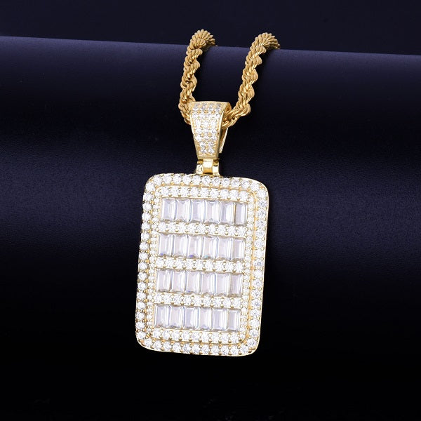 Baguette Stone All Iced Dog Tag 18k Gold Silver Hip Hop Pendant Chain Necklace