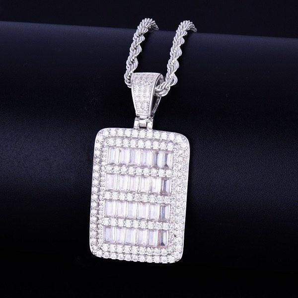 Baguette Stone All Iced Dog Tag 18k Gold Silver Hip Hop Pendant Chain Necklace