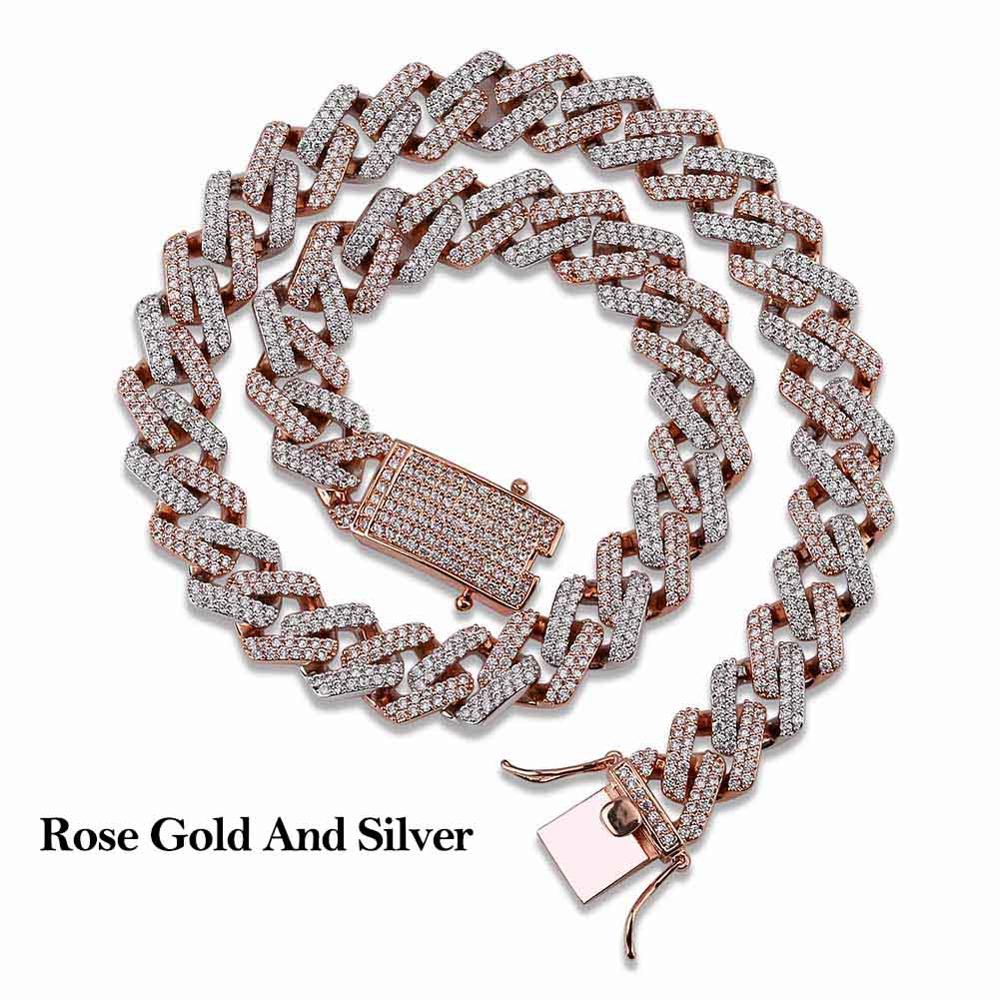 Micro Pave Flooded Ice 14mm Miami Cuban Link Rose Gold Silver Hip Hop Chain Necklace