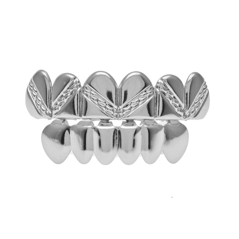 Rose Gold Silver Hip Hop Stripe Teeth Bottom Top Grill Set