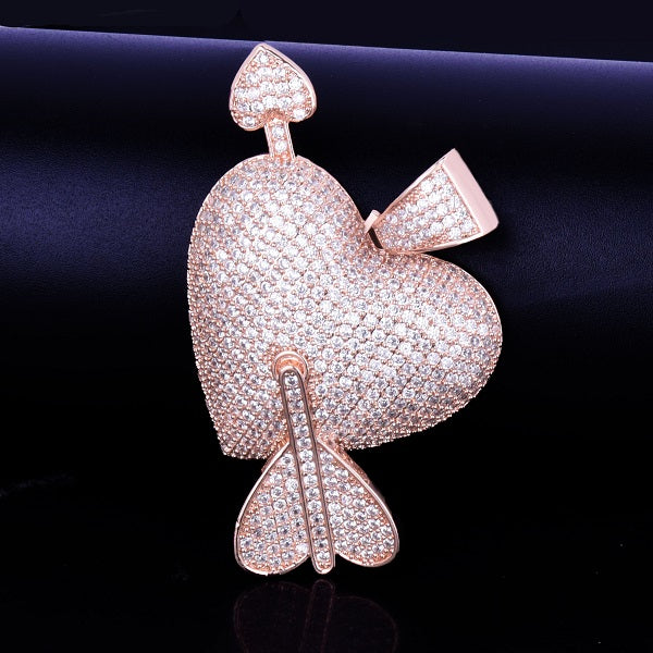 Rose Gold .925 Silver 18k Heart Arrow AAA Micro Pave Hip Hop Pendant Chain