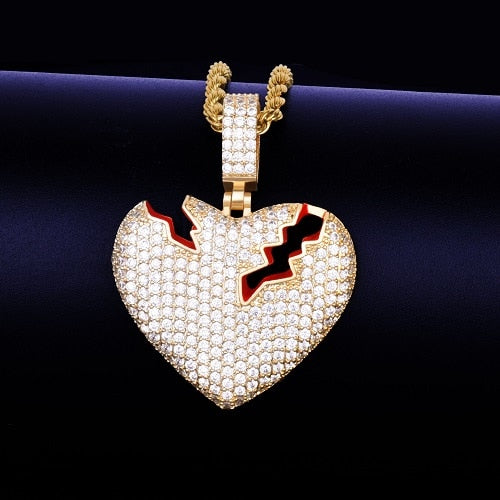 .925 Silver 18k Gold Broken Heart Red Oil Hip Hop Pendant Chain Necklace