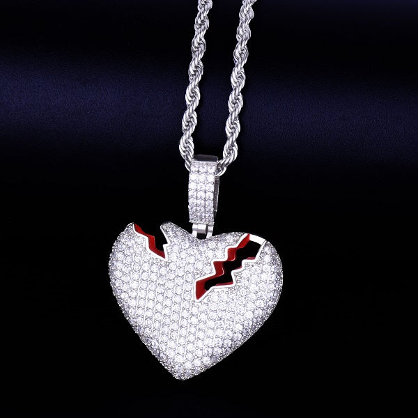 .925 Silver 18k Gold Broken Heart Red Oil Hip Hop Pendant Chain Necklace