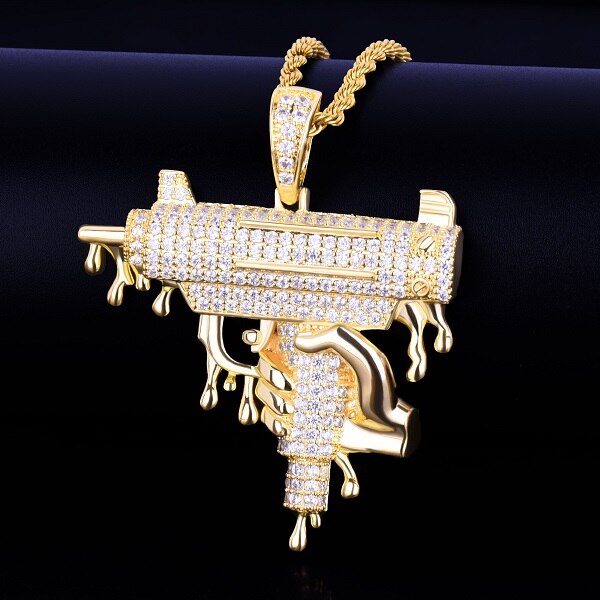 18k Rose Gold .925 Silver Hand Holding Dripping Uzi Machine Gun Hip Hop Micro Pave Pendant