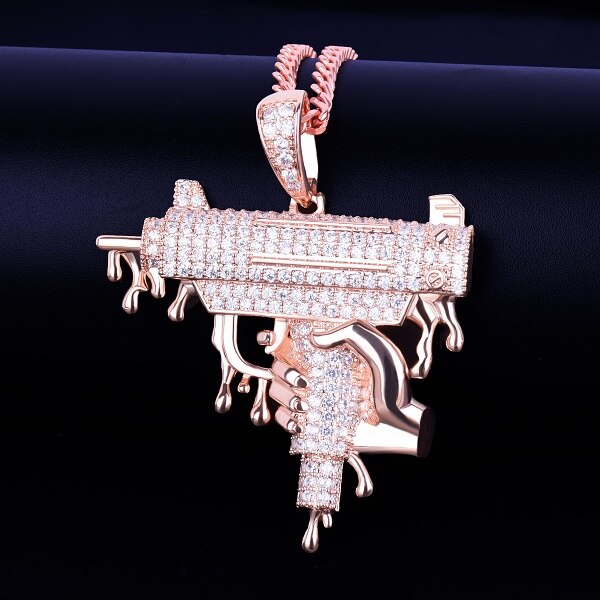 18k Rose Gold .925 Silver Hand Holding Dripping Uzi Machine Gun Hip Hop Micro Pave Pendant