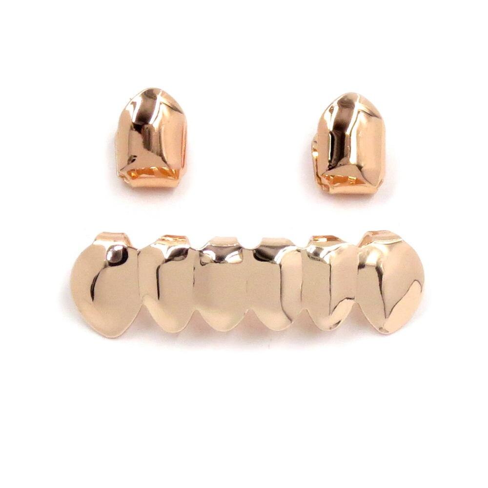 New Custom Fit Hip Hop Rose Gold Black Silver Mouth Grillz 2 pcs Single Top 6 teeth Bottom Set