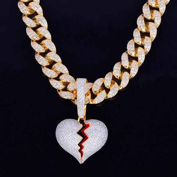 20MM Cuban Link 24k Gold Silver Broken Heart Pendant Hip Hop Chain Necklace