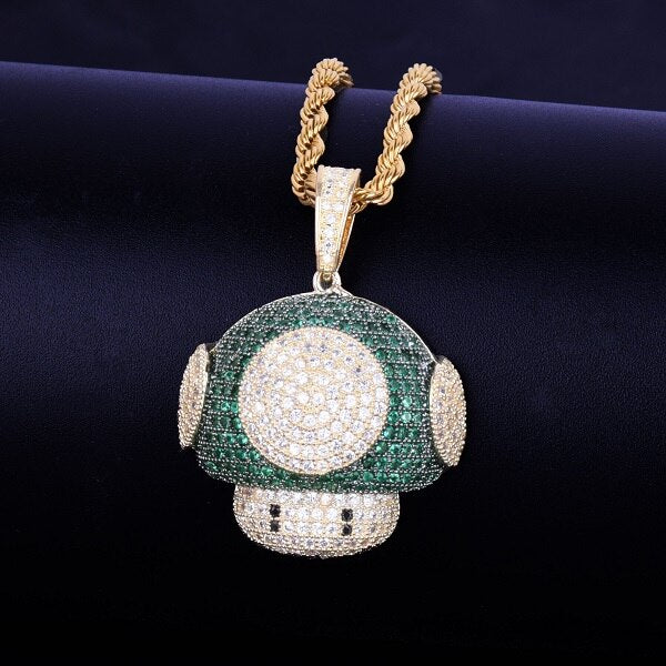 Mario Mushroom AAA True Micro Pave 18k Gold .925 Silver Bling Bling Chain Pendant Necklace