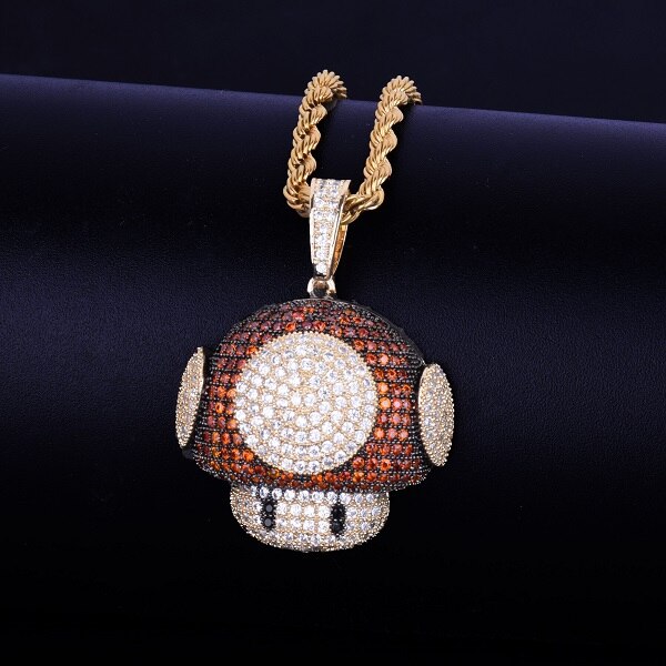Mario Mushroom AAA True Micro Pave 18k Gold .925 Silver Bling Bling Chain Pendant Necklace