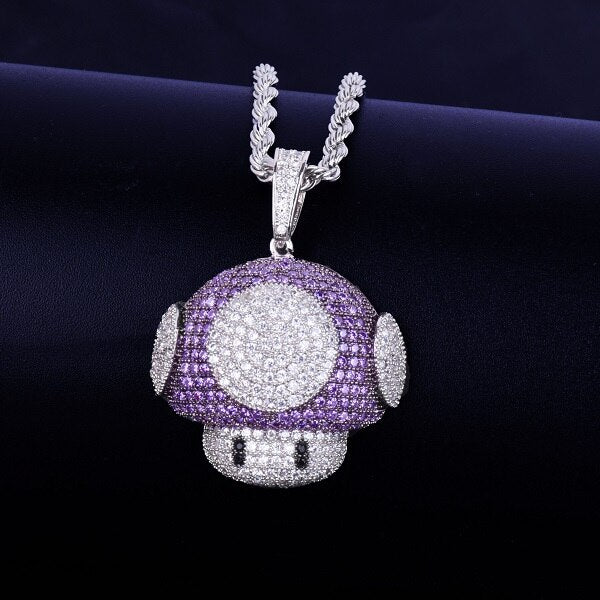 Mario Mushroom AAA True Micro Pave 18k Gold .925 Silver Bling Bling Chain Pendant Necklace