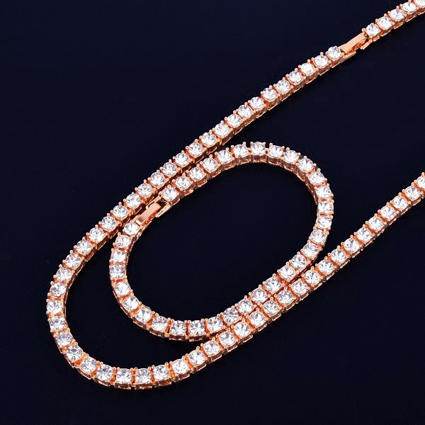 Tennis Classic | 1 Row 5mm Hip Hop 18k Silver Rose Gold Chain Bracelet Set