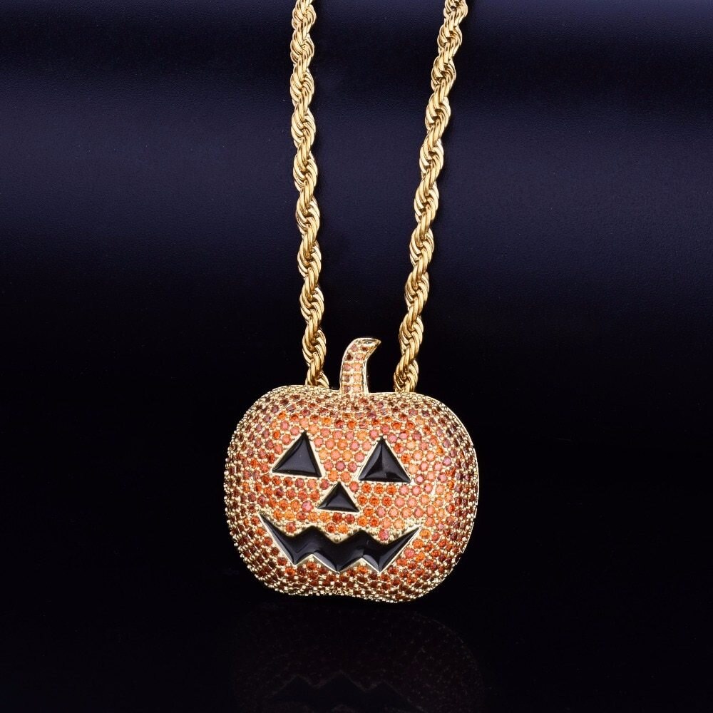 Orange Red Eyed Halloween Pumpkin Simulated Diamond Bling Pendant
