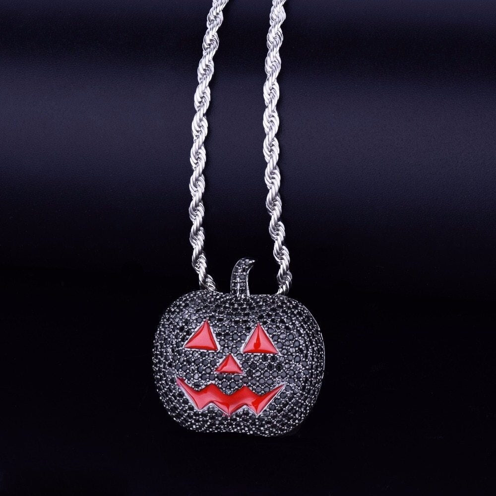 Orange Red Eyed Halloween Pumpkin Simulated Diamond Bling Pendant