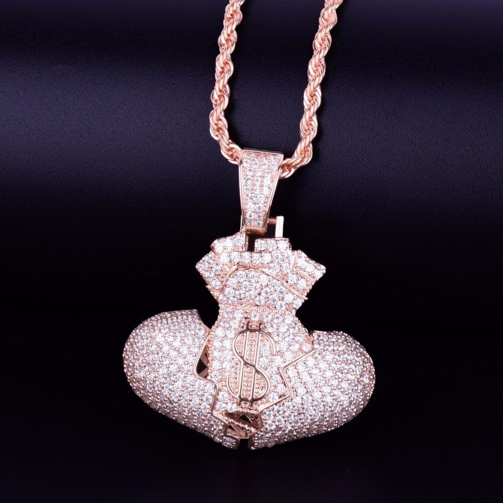 Heart Full of Money Iced Lab Diamond Rose Gold 18k .925 Silver Hip Hop Pendant Chain Necklace