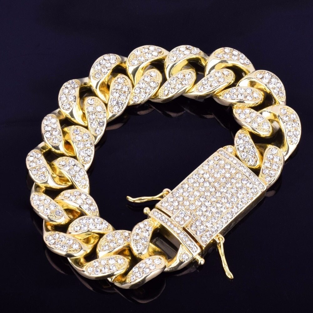 Mens Iced Hip Hop Simulated Diamond Rose Gold Silver 14k Gold Miami Cuban Link Bracelets
