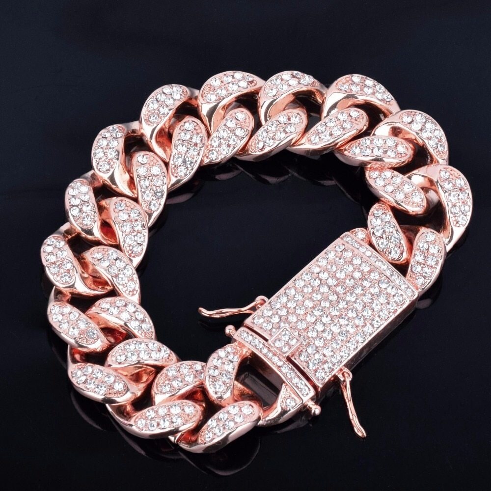 Mens Iced Hip Hop Simulated Diamond Rose Gold Silver 14k Gold Miami Cuban Link Bracelets