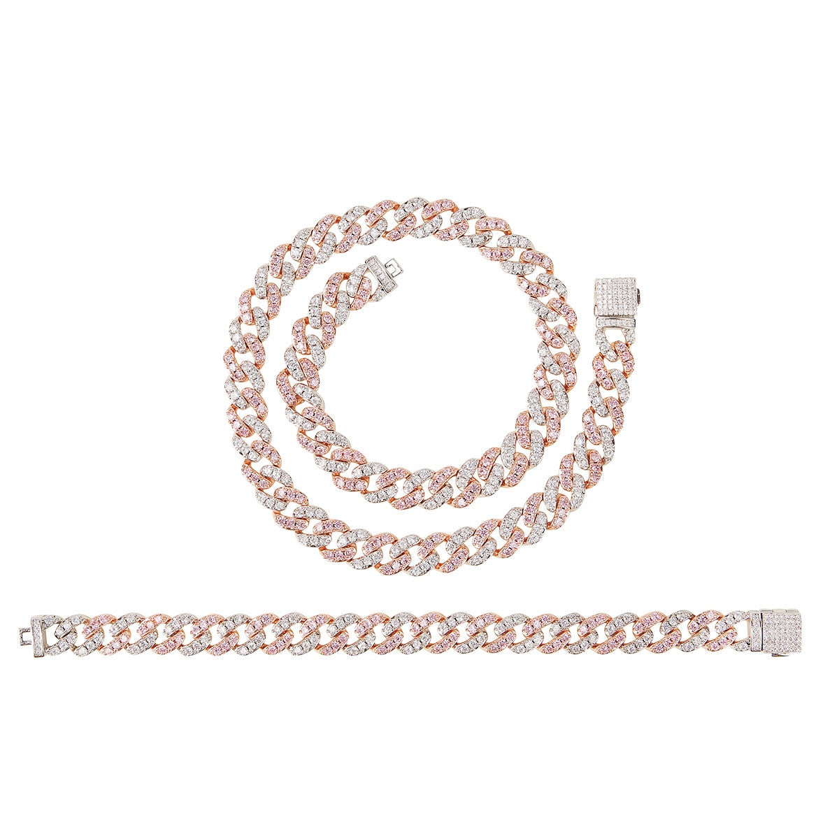 Ladies Bling Bling 10MM Miami Cuban Rose Gold Silver Bracelet Necklace Jewelry Sets Combo
