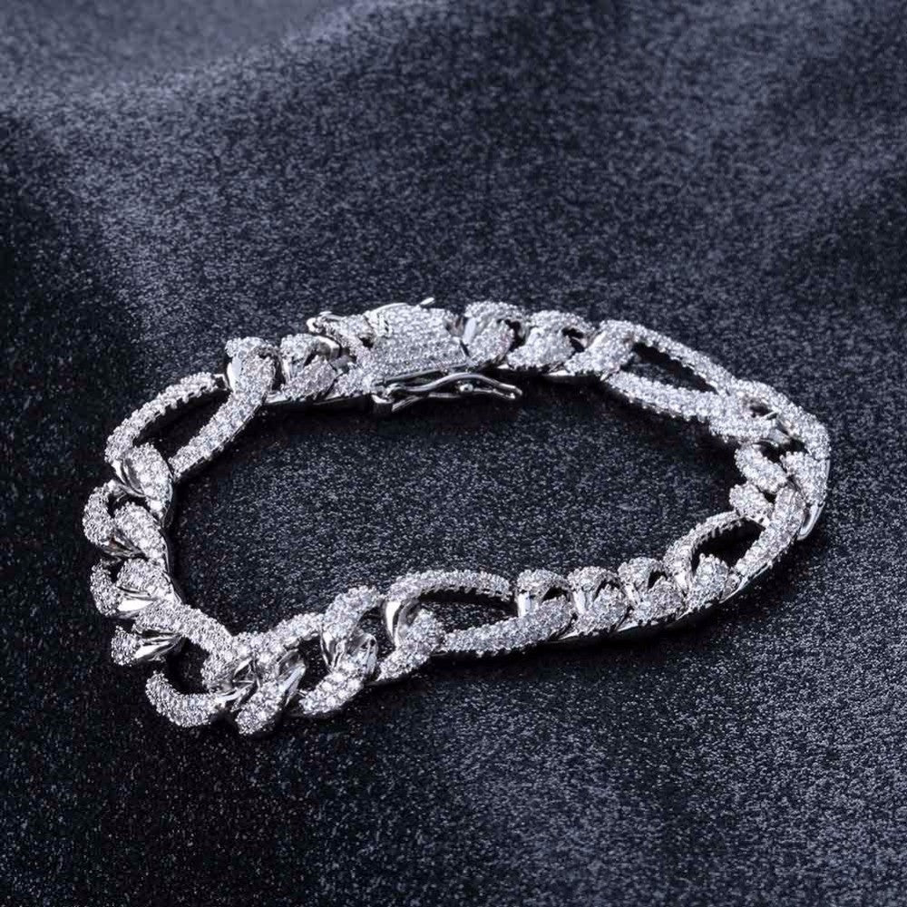 Mens 14k Gold Silver 10mm Box Lock Figaro Link Micro Pave Bling Bling Chain Bracelet
