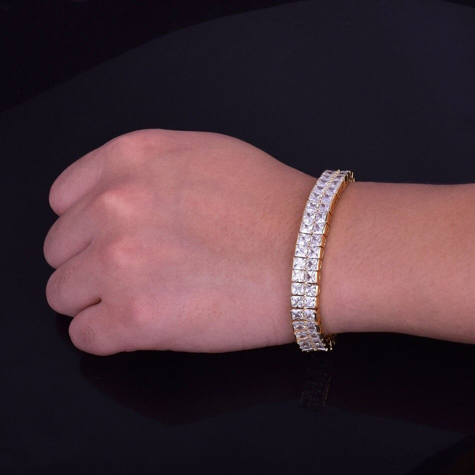 24k Gold Silver 10mm Iced 2 Row Flooded Ice Princess Cut Tennis Bracelet