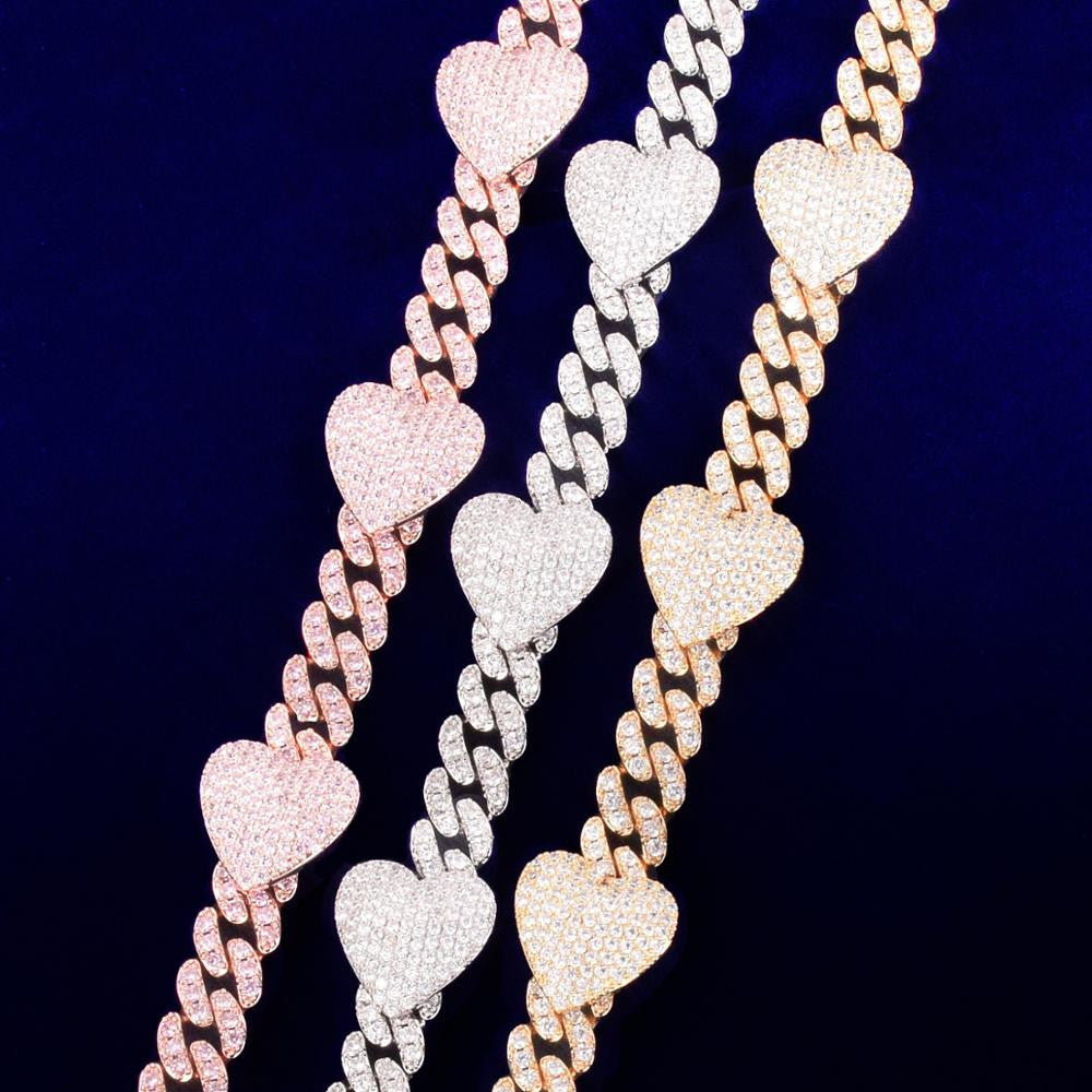 Ladies Big Heart Love 10mm Miami Cuban Link Chain Necklace 18k Gold 925 Silver Rose Gold