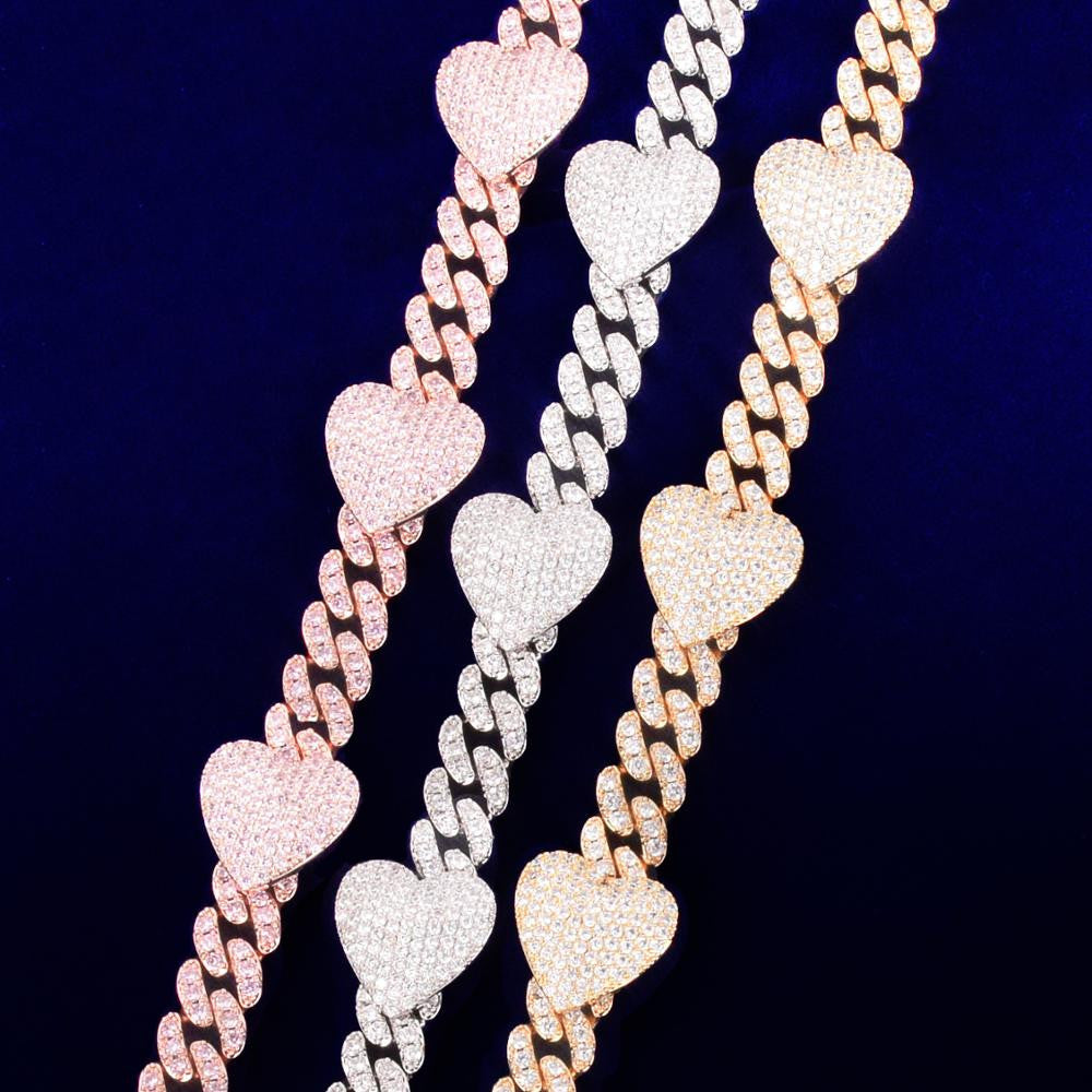 24k Gold .925 Silver Rose Gold Big Heart Love 10mm Miami Cuban Link Bracelet