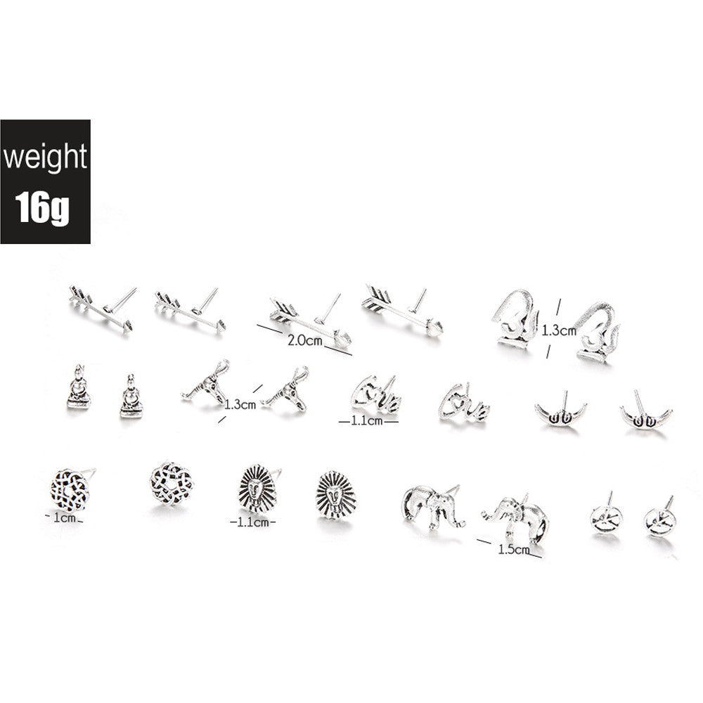 Boho Fashion 11 Pair Retro Moon Elephant Buddha Flower Arrow Delicate Silver Earrings Silver Set