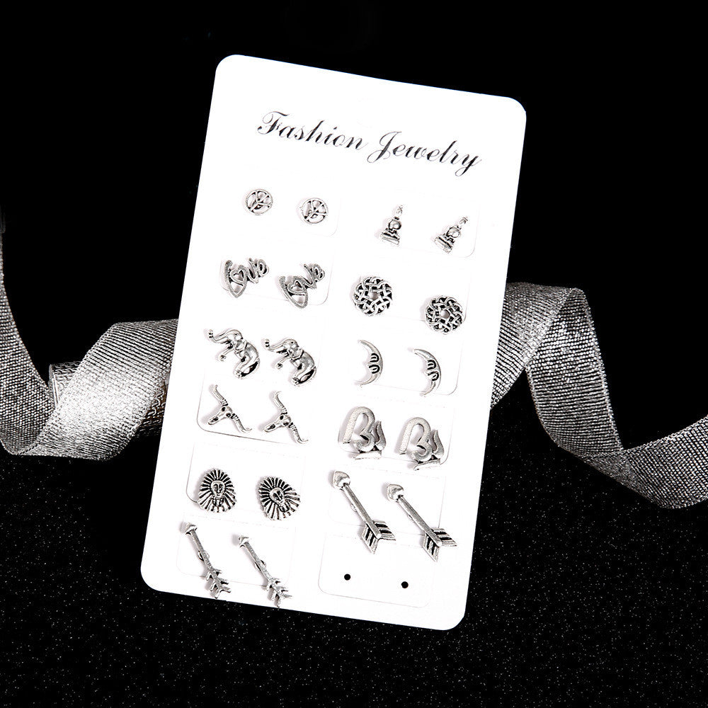 Boho Fashion 11 Pair Retro Moon Elephant Buddha Flower Arrow Delicate Silver Earrings Silver Set