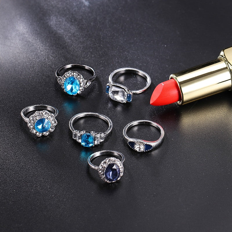 11 Piece Delicate Luxury Women Blue Crystal Water Drop Flower Ring Jewelry Set