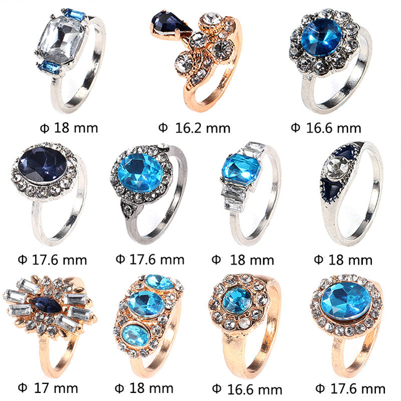 11 Piece Delicate Luxury Women Blue Crystal Water Drop Flower Ring Jewelry Set