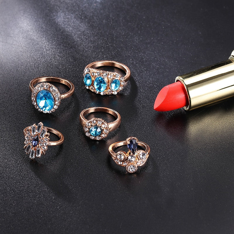 11 Piece Delicate Luxury Women Blue Crystal Water Drop Flower Ring Jewelry Set