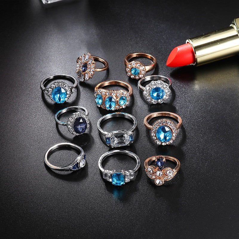 11 Piece Delicate Luxury Women Blue Crystal Water Drop Flower Ring Jewelry Set