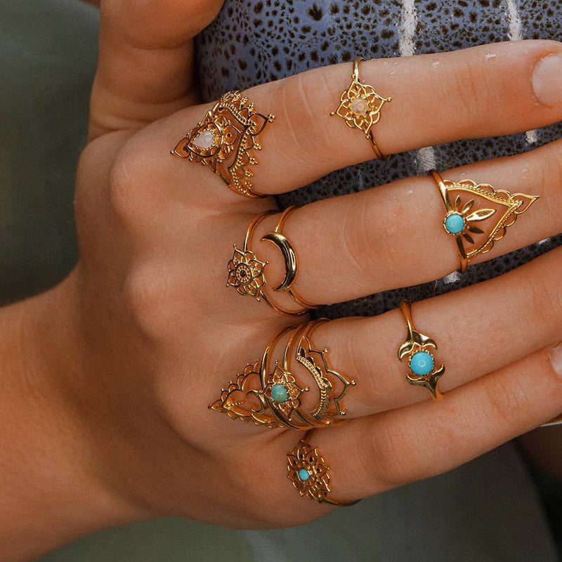 Ladies 11 Piece Gold Vintage Crown Moon Fishtail Gem Ring Jewelry Set