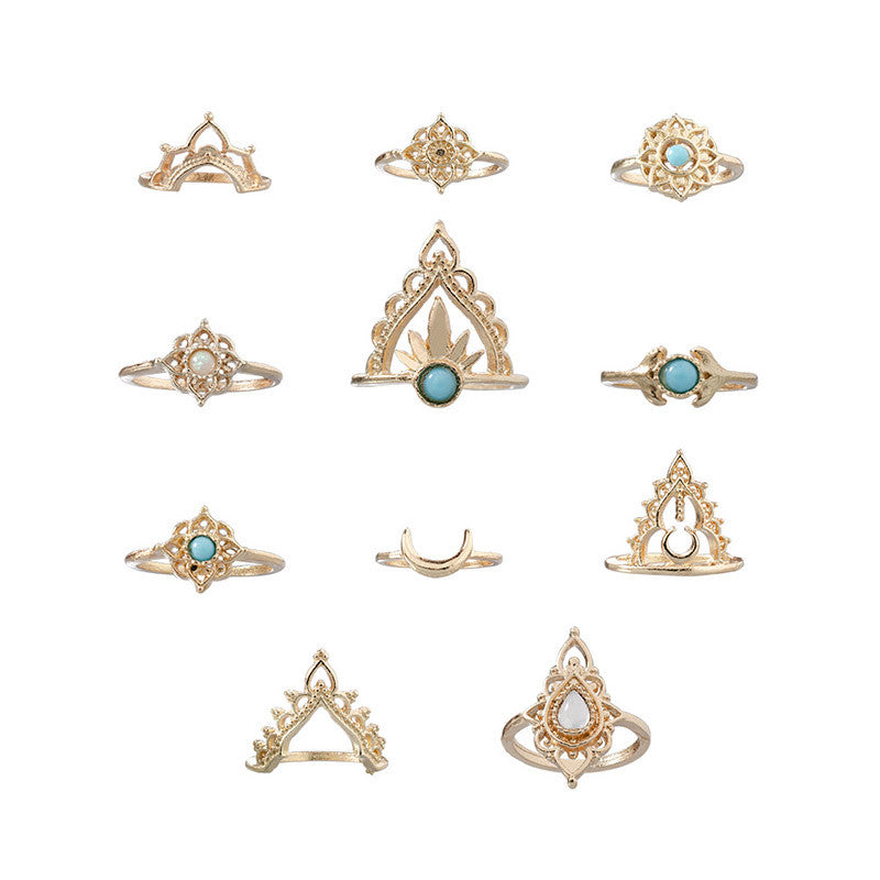 Ladies 11 Piece Gold Vintage Crown Moon Fishtail Gem Ring Jewelry Set