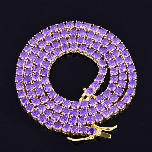 24k Gold .925 Silver Iced Purple Hazed 1 Row Link Tennis Hip Hop Chain Necklace